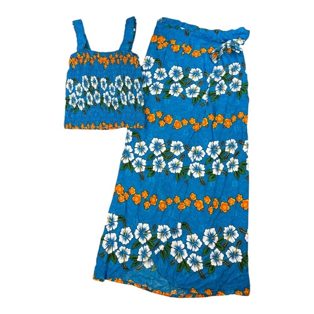Hawaiian Basix Blue Hibiscus Floral 2 Piece Smocked Top Sarong Skirt Set OSFM